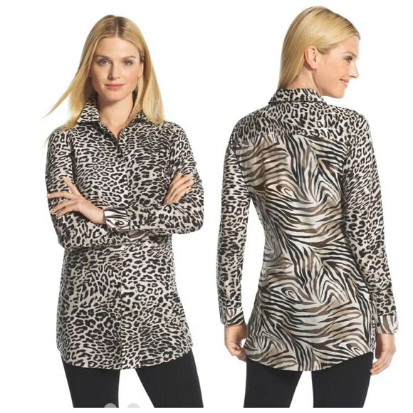 Chico's Sz 3 LS Button Up Animal Cheetah Zebra Print 100% Cotton Blouse - Picture 1 of 10